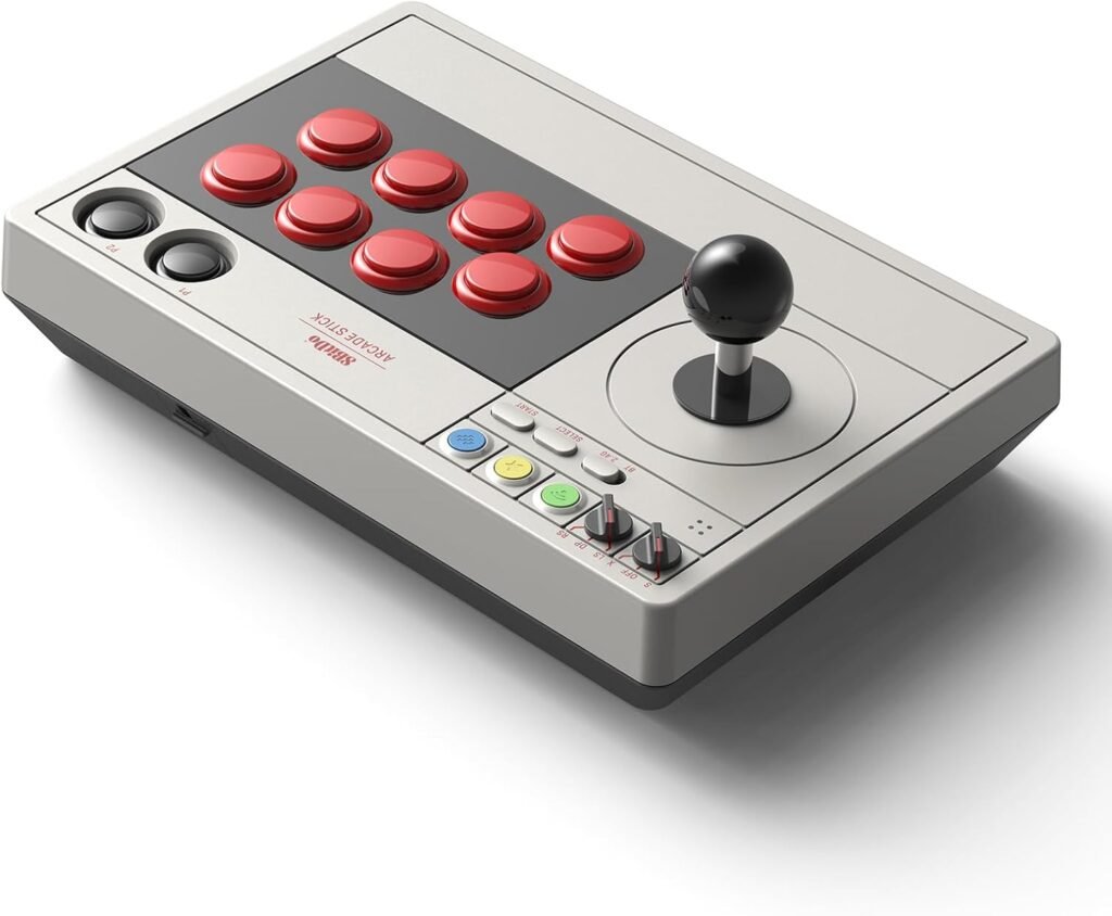 Mando arcade retro con joystick y botones rojos, controlador USB estilo clásico para videojuegos y emuladores