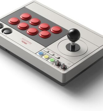 Mando arcade retro con joystick y botones rojos, controlador USB estilo clásico para videojuegos y emuladores