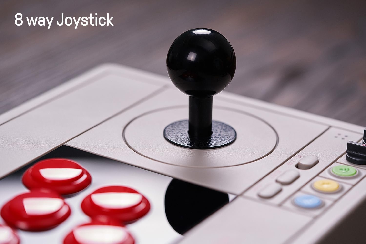 Joystick arcade de 8 direcciones y detalle del mecanismo de control