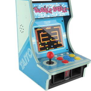 Mini máquina arcade retro Bubble Bobble de Taito con joystick rojo y botones de colores, recreativa clásica de sobremesa con pantalla LCD y diseño vintage azul