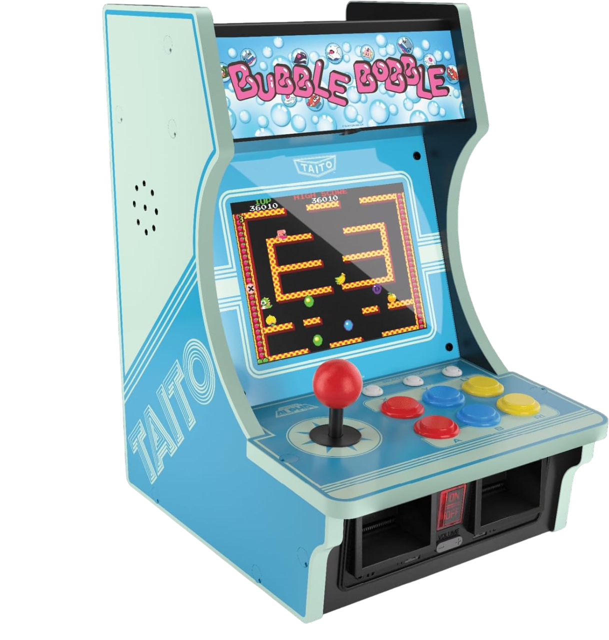 Evercade Alpha Taito Bartop Arcade con diseño Bubble Bobble y controles arcade