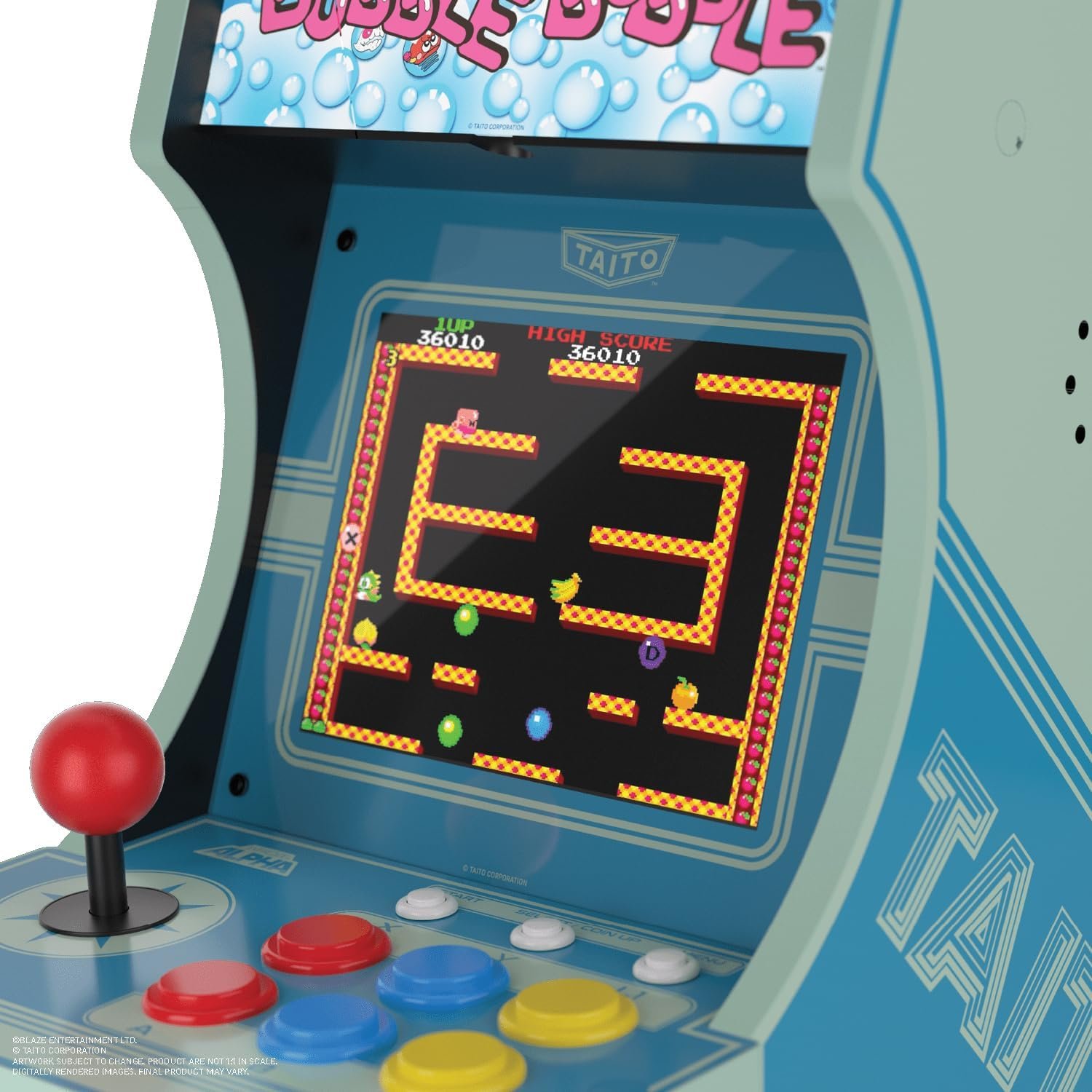 Detalle del Evercade Alpha Taito Bartop Arcade y su diseño oficial Bubble Bobble