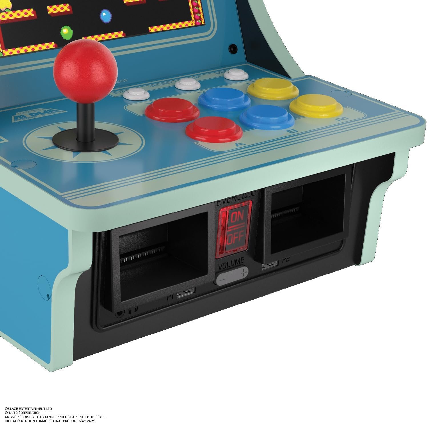 Detalle de los controles del Evercade Alpha Taito con joystick y botones arcade