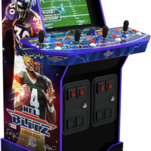 Vista en ángulo de la máquina arcade NFL Blitz de cuerpo completo con ilustraciones oficiales, múltiples joysticks y panel de control para varios jugadores