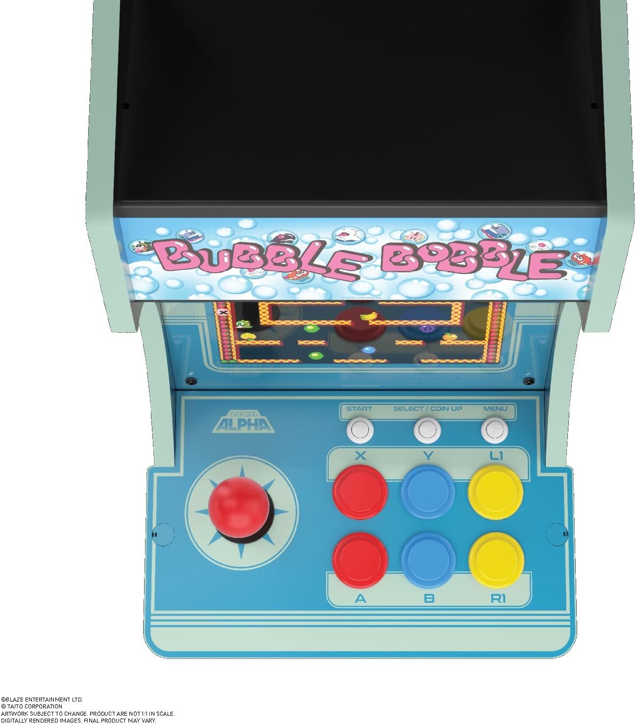 Vista frontal del Evercade Alpha Taito como bartop arcade de sobremesa