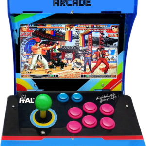 Máquina arcade retro multijuegos tipo mini recreativa con joystick profesional, botones arcade de colores y pantalla LCD con juegos clásicos de lucha
