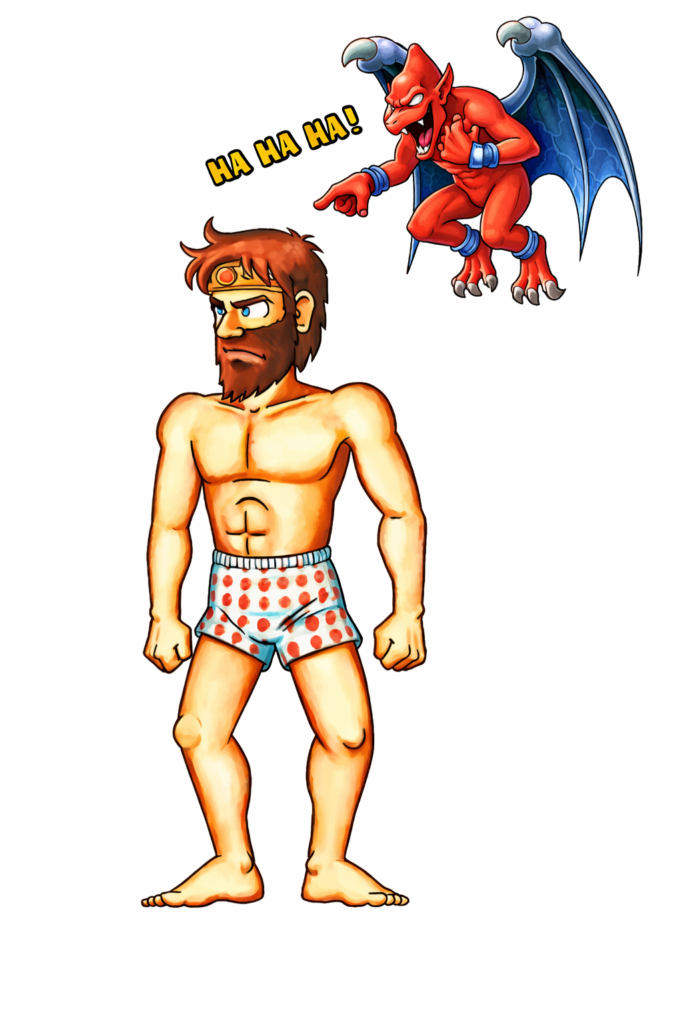 Ilustración humorística de un caballero medieval en calzoncillos mientras un pequeño demonio volador se ríe y lo señala desde el aire.