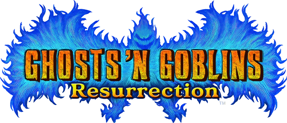 Logotipo oficial del videojuego Ghosts ’n Goblins Resurrection con tipografía ardiente y diseño fantasmagórico en tonos azules sobre fondo oscuro.