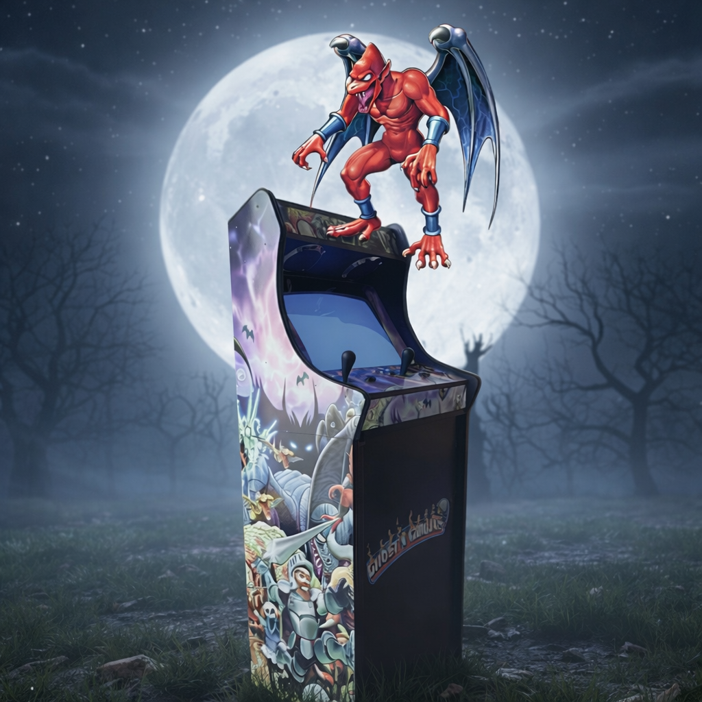 Máquina arcade retro en un bosque oscuro bajo la luna llena, con un demonio alado rojo posado encima, ambientación de fantasía y terror, ilustración artística nocturna sin marcas ni logotipos.