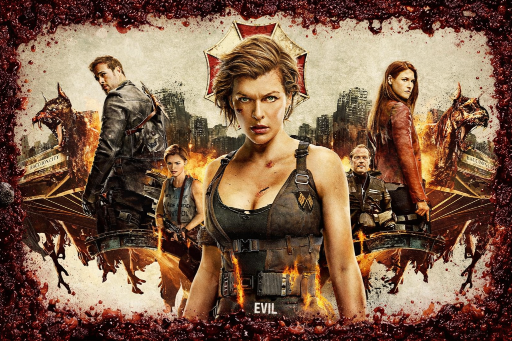 Póster de Resident Evil con personajes principales en un escenario apocalíptico, rodeado por un marco de sangre coagulada que refuerza el tono de terror y acción.