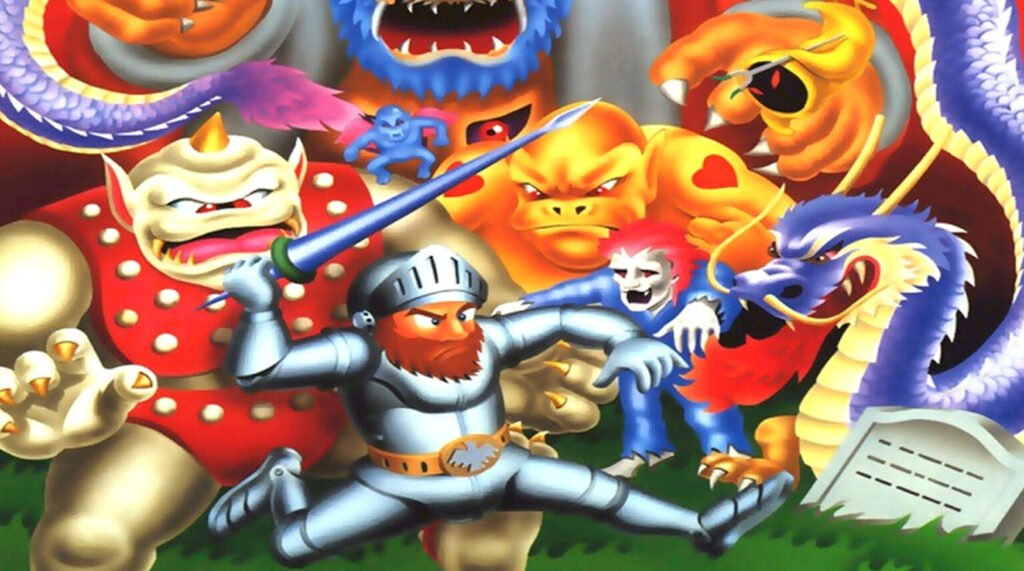 Ilustración arcade retro de Ghosts ’n Goblins con un caballero medieval luchando contra monstruos y demonios en una escena de fantasía épica llena de acción.