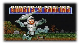 Escena clásica del videojuego arcade Ghosts ’n Goblins con el caballero medieval saltando entre enemigos en un cementerio nocturno.
