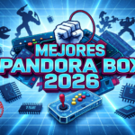 Banner horizontal para WordPress sobre las mejores Pandora Box 2026, con diseño arcade retro futurista, fondo azul con cuadrícula neón, mando arcade y chips electrónicos en estilo gaming clásico.