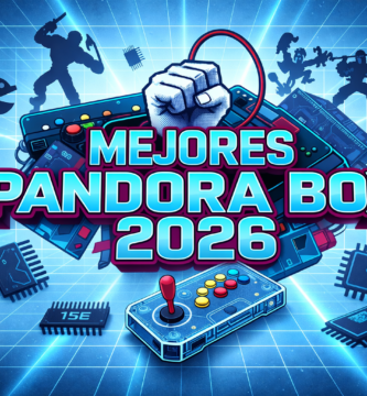 Banner horizontal para WordPress sobre las mejores Pandora Box 2026, con diseño arcade retro futurista, fondo azul con cuadrícula neón, mando arcade y chips electrónicos en estilo gaming clásico.