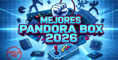 Banner horizontal para WordPress sobre las mejores Pandora Box 2026, con diseño arcade retro futurista, fondo azul con cuadrícula neón, mando arcade y chips electrónicos en estilo gaming clásico.