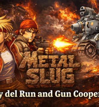 Imagen destacada de Metal Slug mostrando acción cooperativa run and gun con soldados disparando y el tanque SV-001 en un escenario de guerra explosivo, videojuego arcade clásico de SNK ideal para juegos cooperativos retro.