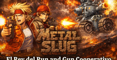 Imagen destacada de Metal Slug mostrando acción cooperativa run and gun con soldados disparando y el tanque SV-001 en un escenario de guerra explosivo, videojuego arcade clásico de SNK ideal para juegos cooperativos retro.