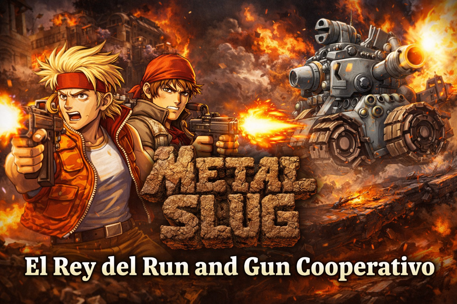 Imagen destacada de Metal Slug mostrando acción cooperativa run and gun con soldados disparando y el tanque SV-001 en un escenario de guerra explosivo, videojuego arcade clásico de SNK ideal para juegos cooperativos retro.