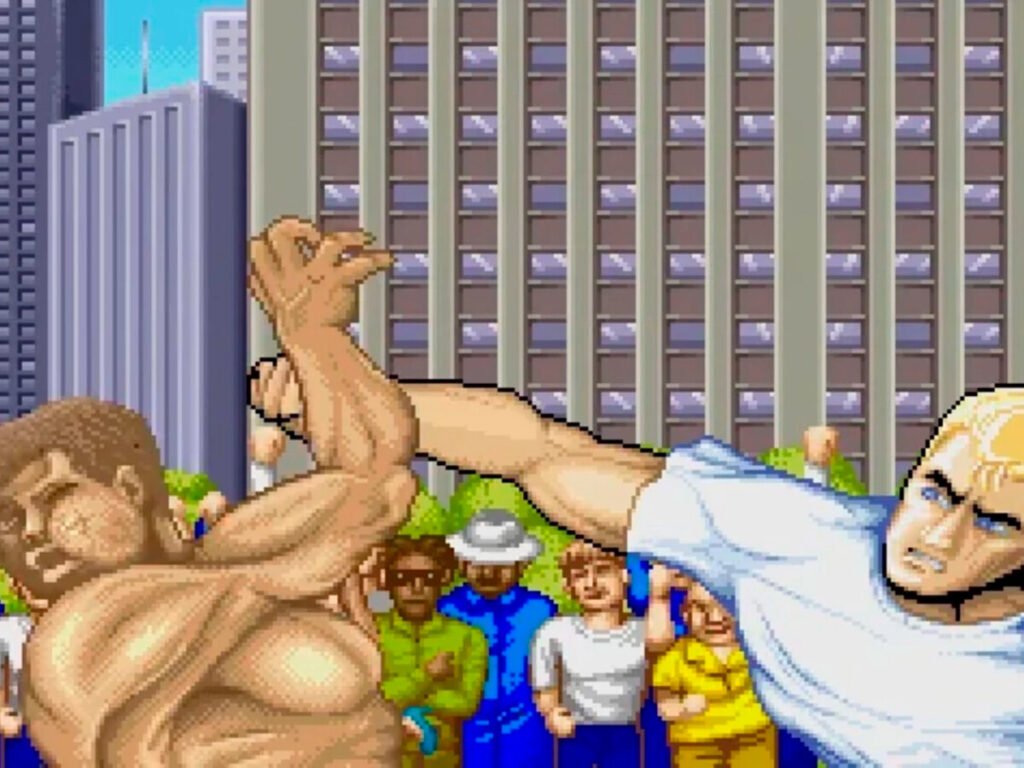 Primer plano del puñetazo en la introducción de Street Fighter II: The World Warrior, mostrando el estilo pixel art original de Capcom en recreativas.