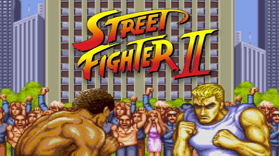 Escena de combate de Street Fighter 2 Arcade con Ryu y Ken frente a una multitud enfervorizada y el logo oficial, ilustrando los secretos del juego original de Capcom.