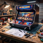 maquina arcade bartop para casa retro game con pantalla hd encendida y mandos profesionales instalada sobre banco de trabajo en taller diy lista para jugar 2 jugadores