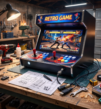 maquina arcade bartop para casa retro game con pantalla hd encendida y mandos profesionales instalada sobre banco de trabajo en taller diy lista para jugar 2 jugadores