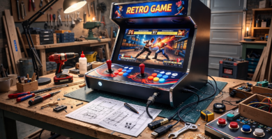 maquina arcade bartop para casa retro game con pantalla hd encendida y mandos profesionales instalada sobre banco de trabajo en taller diy lista para jugar 2 jugadores