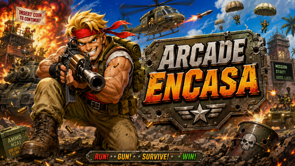 arcadeencasa-metal-slug-comando-retro-rifle-arcade.png Comando estilo Metal Slug arrodillado apuntando con rifle a la cámara, con sonrisa picaresca, explosiones de fondo y placa ArcadeEnCasa en estética arcade retroSelect 69 more words to run Humanizer.