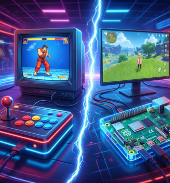 Comparativa entre máquina arcade retro clásica y Raspberry Pi moderna para gaming arcade en casa