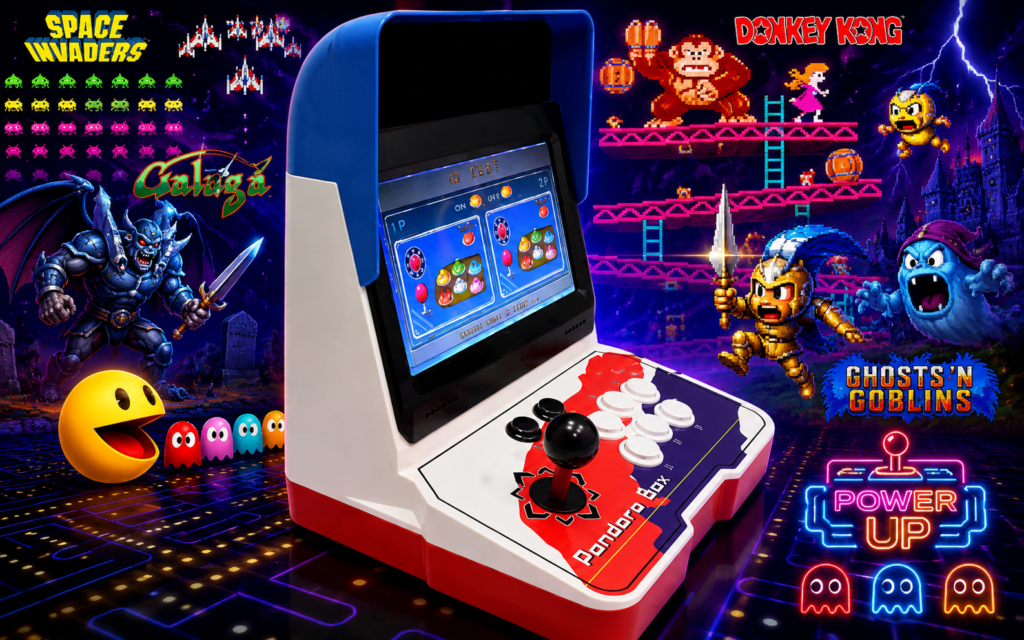 consola-arcade-pandora-box-retro-juegos-clasicos.png Consola arcade Pandora Box en primer plano con fondo retro de videojuegos clásicos y estética arcade neón