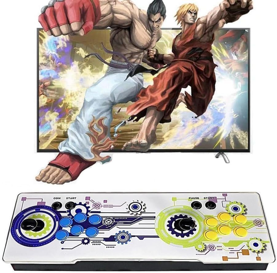 Banner arcade stick doble con joystick y botones para juegos de lucha retro conectado a televisión moderna