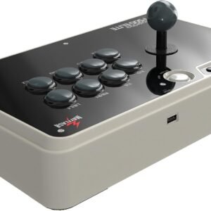 Vista lateral del Mayflash F500 Elite con joystick y botones Sanwa Denshi originales sobre chasis premium color crema y panel negro.