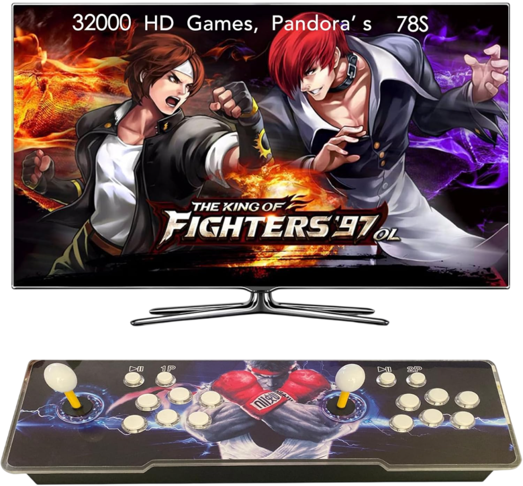 Consola Pandora Box 78S con 32000 juegos HD y panel arcade doble joystick conectada a TV con The King of Fighters 97