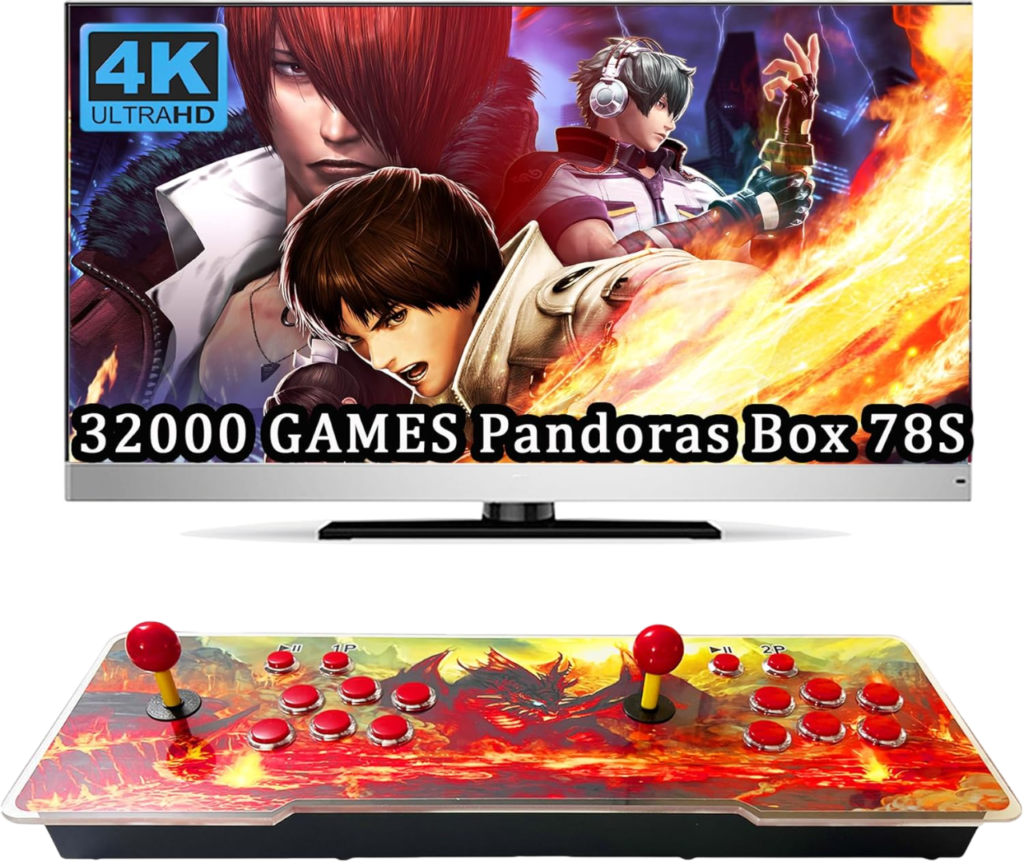 Consola arcade Pandora’s Box 78S con 32.000 juegos y salida 4K UHD, panel recreativo de doble joystick y botones, sistema multijuegos para máquinas recreativas y salones arcade domésticos.