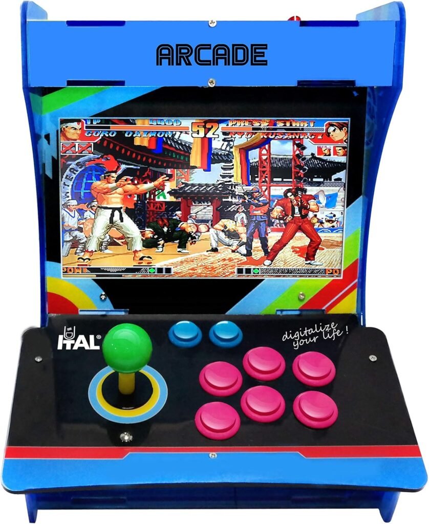 mini-maquina-arcade-retro-para-casa-juegos-clasicos.png Mini máquina arcade retro para casa con joystick verde botones rosas y pantalla con juego clásico de lucha