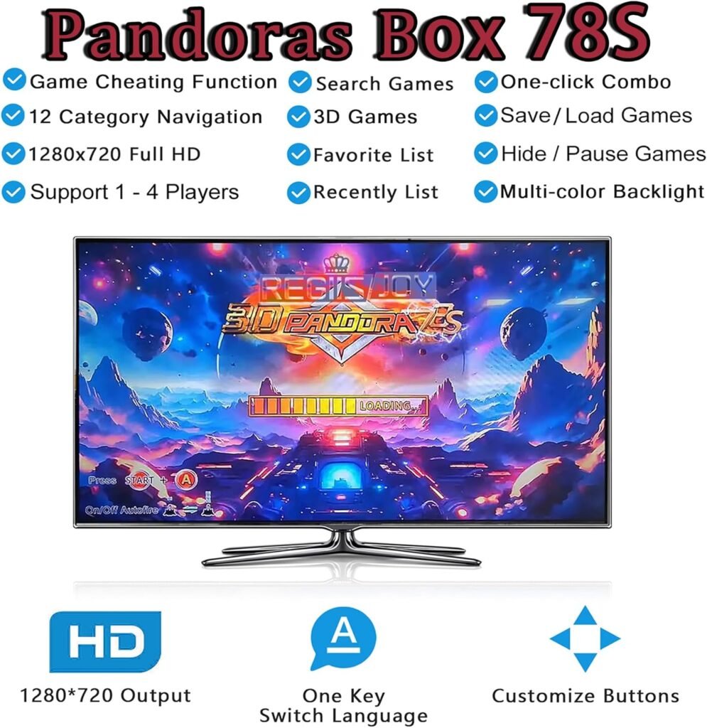 Consola arcade Pandora’s Box 78S en pantalla con menú 3D, lista de funciones y juegos clásicos, salida HD 1280x720, búsqueda de juegos, guardar partidas y soporte para hasta 4 jugadores