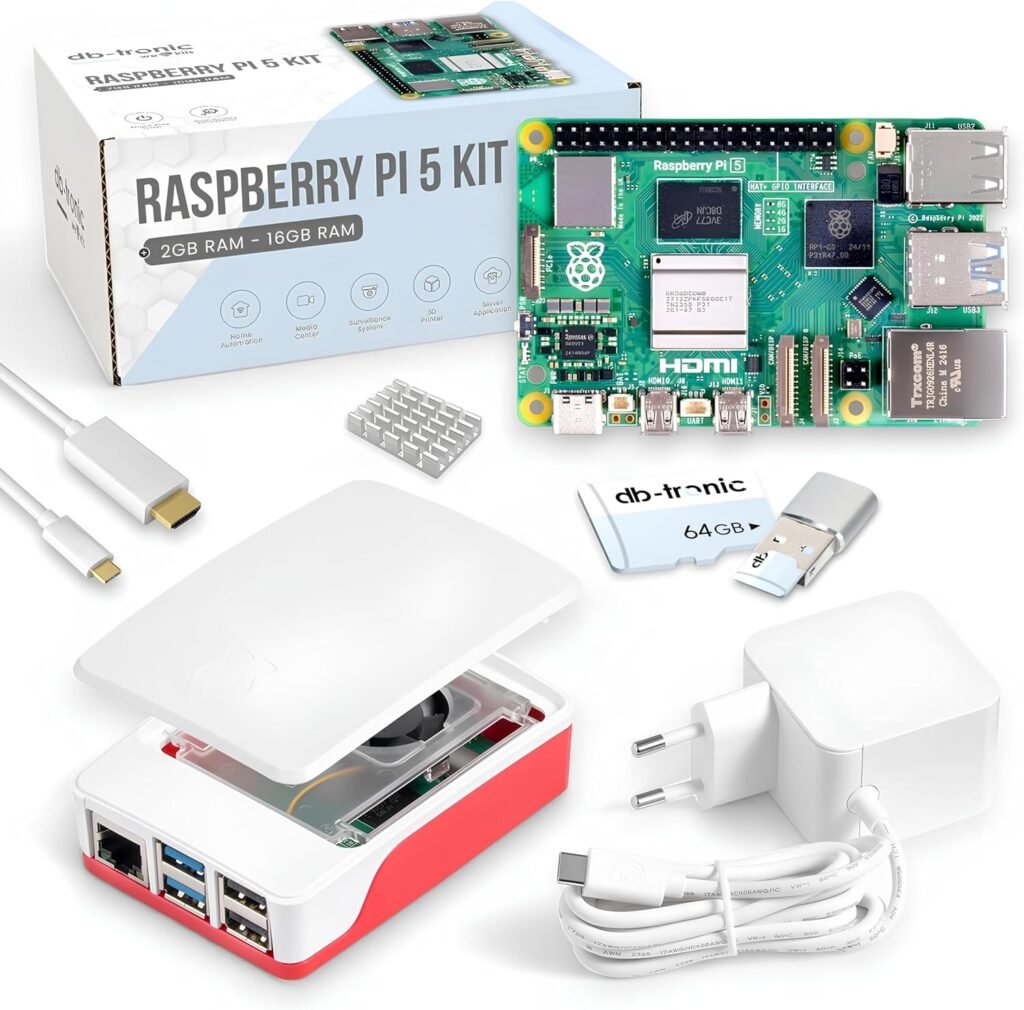 Raspberry Pi 5 Kit con 2GB a 16GB de RAM, carcasa con ventilador, fuente de alimentación y microSD para proyectos arcade y multimedia