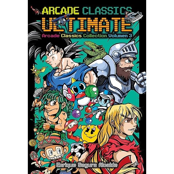 Portada ilustrada de Arcade Classics Ultimate – Arcade Classics Collection Volumen 3, una recopilación de videojuegos arcade clásicos con estética retro inspirada en los años 80 y 90. La imagen muestra personajes de estilo anime y pixel art representando géneros emblemáticos como plataformas, beat ‘em up, shooters y juegos de acción clásicos. Diseño colorido y nostálgico ideal para artículos sobre juegos arcade retro, colecciones clásicas, cultura gaming vintage y recopilatorios de videojuegos de recreativa.