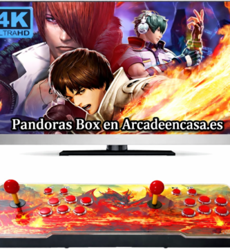 Consola arcade Pandora’s Box para TV con pantalla 4K Ultra HD, panel arcade doble joystick y botones rojos, imagen promocional con texto Pandoras Box en Arcadeencasa.es