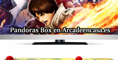Consola arcade Pandora’s Box para TV con pantalla 4K Ultra HD, panel arcade doble joystick y botones rojos, imagen promocional con texto Pandoras Box en Arcadeencasa.es