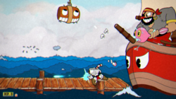 Gameplay de Cuphead contra el jefe Capitán Brineybeard, combate estilo run and gun con estética de animación clásica, fase de barco y plataformas en uno de los niveles más icónicos del videojuego indie.