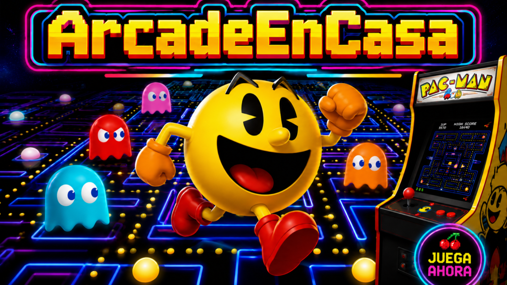arcadeencasa-pac-man-juego-arcade-retro-en-casa.png Imagen promocional de Pac-Man con el título ArcadeEnCasa, estilo arcade retro con laberinto luminoso, fantasmas clásicos y máquina recreativa para jugar en casa