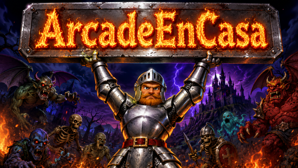 sir-arthur-ghosts-goblins-arcadeencasa-arcade-retro.png Sir Arthur de Ghosts n Goblins sosteniendo una placa de acero con el texto ArcadeEnCasa en letras de fuego, rodeado de monstruos y estética arcade retro medieval