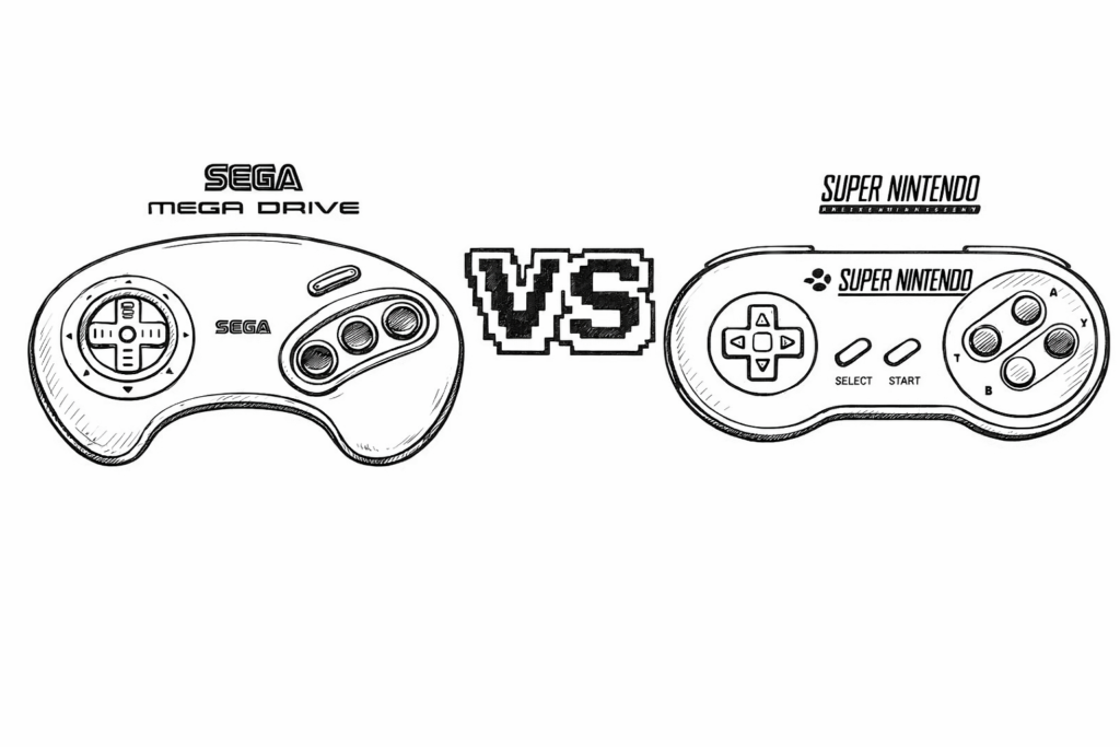 Ilustración en blanco y negro estilo carboncillo que muestra una comparativa entre los mandos de Sega Mega Drive y Super Nintendo, enfrentados con un texto “VS” en el centro. Diseño minimalista con fondo blanco que representa la histórica guerra de consolas de 16 bits de los años 90, ideal para artículos sobre Sega vs Nintendo, análisis retro, diferencias entre SNES y Mega Drive y contenido nostálgico sobre videojuegos clásicos.