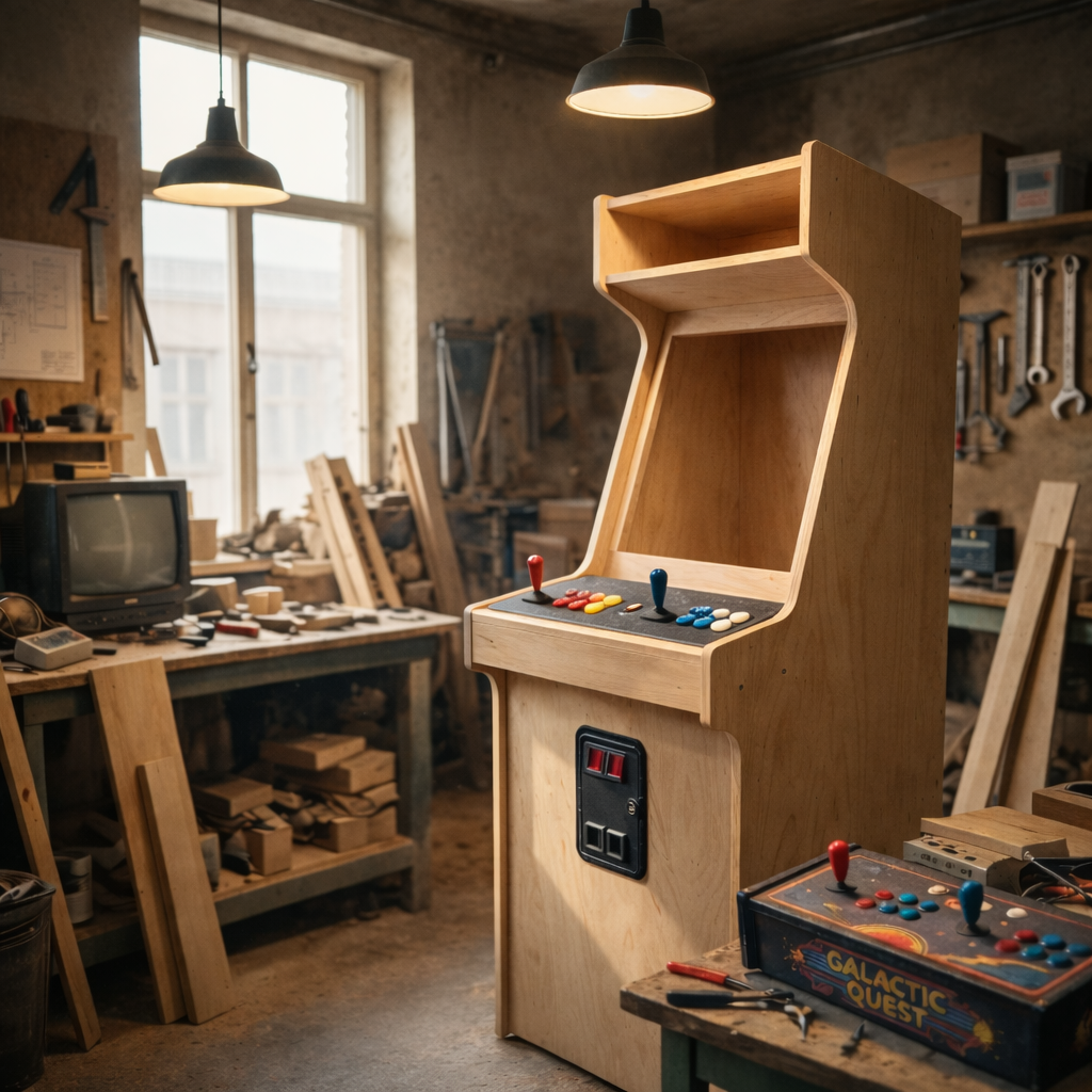maquina arcade para casa de madera mdf terminada con mandos y botones instalados mueble recreativo retro 2 jugadores en taller profesional lista para montar