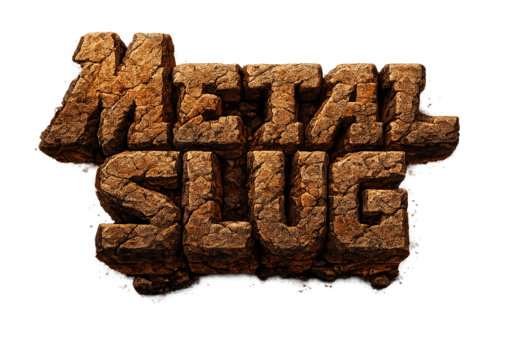 Logotipo de Metal Slug con textura de roca y piedra, título del videojuego arcade retro con letras originales en estilo piedra, ideal para contenido sobre juegos clásicos y máquinas recreativas.