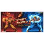 Ilustración estilo pixel art de Street Fighter II: The World Warrior con Ryu y Ken enfrentados en un escenario nocturno, estética arcade clásica de 16 bits para coleccionistas.