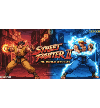 Ilustración estilo pixel art de Street Fighter II: The World Warrior con Ryu y Ken enfrentados en un escenario nocturno, estética arcade clásica de 16 bits para coleccionistas.
