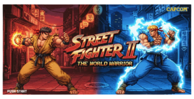 Ilustración estilo pixel art de Street Fighter II: The World Warrior con Ryu y Ken enfrentados en un escenario nocturno, estética arcade clásica de 16 bits para coleccionistas.