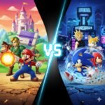 Ilustración épica que representa la histórica rivalidad Nintendo vs Sega durante la guerra de consolas de 16 bits. En el lado izquierdo aparecen Mario, Link, Donkey Kong y Yoshi junto a la consola Super Nintendo en un entorno fantástico con castillo medieval. En el lado derecho destacan Sonic, Tails, Knuckles y Cloud frente a la Sega Genesis en una ciudad futurista iluminada con neones. En el centro se muestra un “VS” que simboliza la batalla entre SNES y Mega Drive, una de las comparativas más icónicas de los videojuegos retro de los años 90.